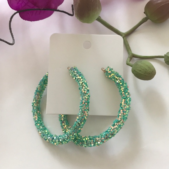 Jewelry - Green Glitter Hoop Earrings